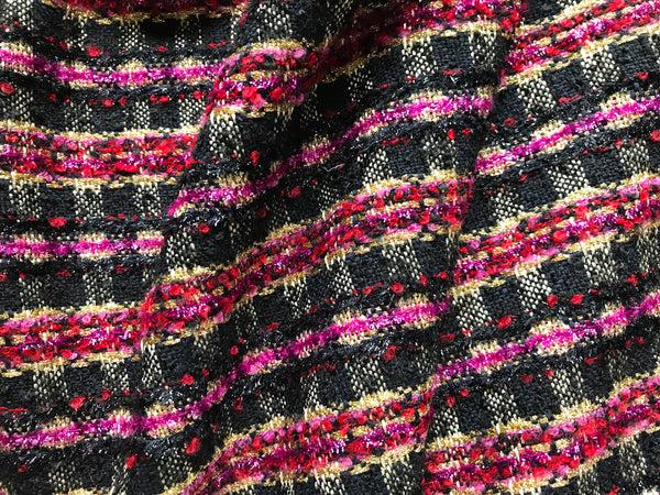 Shades of Red/Pink/Black/Gold  w/Ribbons and Lurex - French Tweed - 152 cm Width.