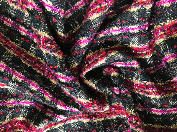 Shades of Red/Pink/Black/Gold  w/Ribbons and Lurex - French Tweed - 152 cm Width.