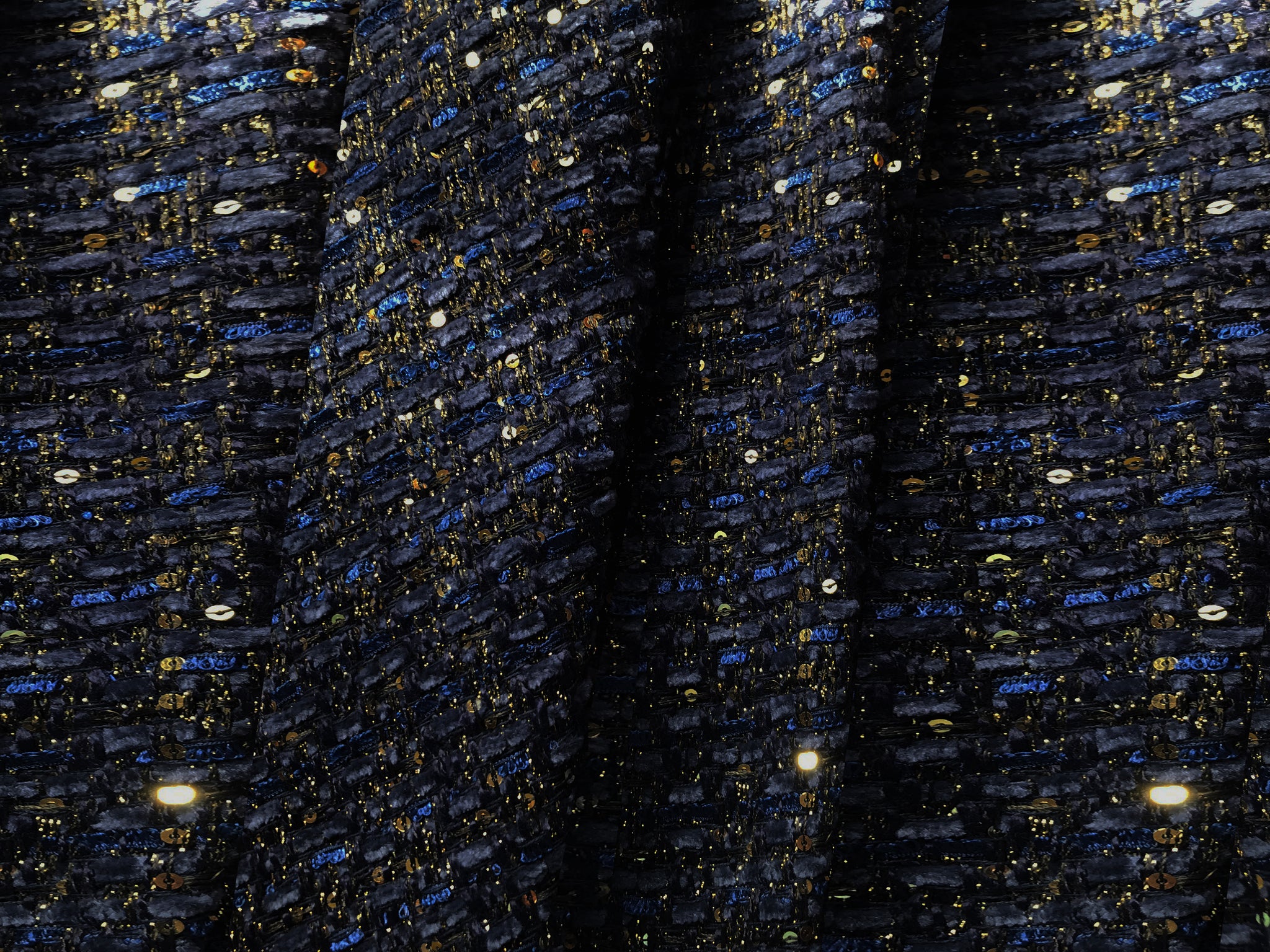 Navy w/ Navy Velvet Ribbons Gold Shimmering Threads and Small gold Sequins -  Tweed - 150 cm Wide.