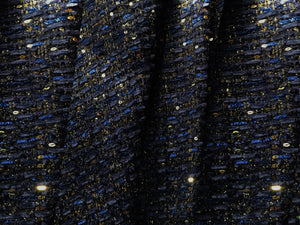 Navy w/ Navy Velvet Ribbons Gold Shimmering Threads and Small gold Sequins -  Tweed - 150 cm Wide.