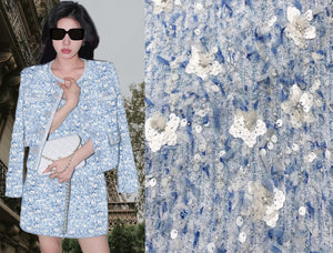Shades of Blue/White All over Embroidered  w/Pearlized  Sequins Flowers/Glass Cristal Beads/Pearls/Ribbons - French Tweed - 152 cm Wide.