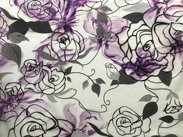 Shades of /Purple/Black/Grey Floral Print on White  Background- French Silk Organza Eugene - 100%  Mulberry Silk - 16 MM.
