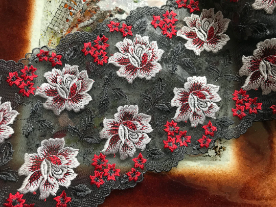 Double Edge - Red White on Charcoal Grey Background Silky and Shiny - Soft Tulle Embroidered Lace - 16 cm Wide.