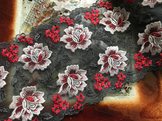 Double Edge - Red White on Charcoal Grey Background Silky and Shiny - Soft Tulle Embroidered Lace - 16 cm Wide.