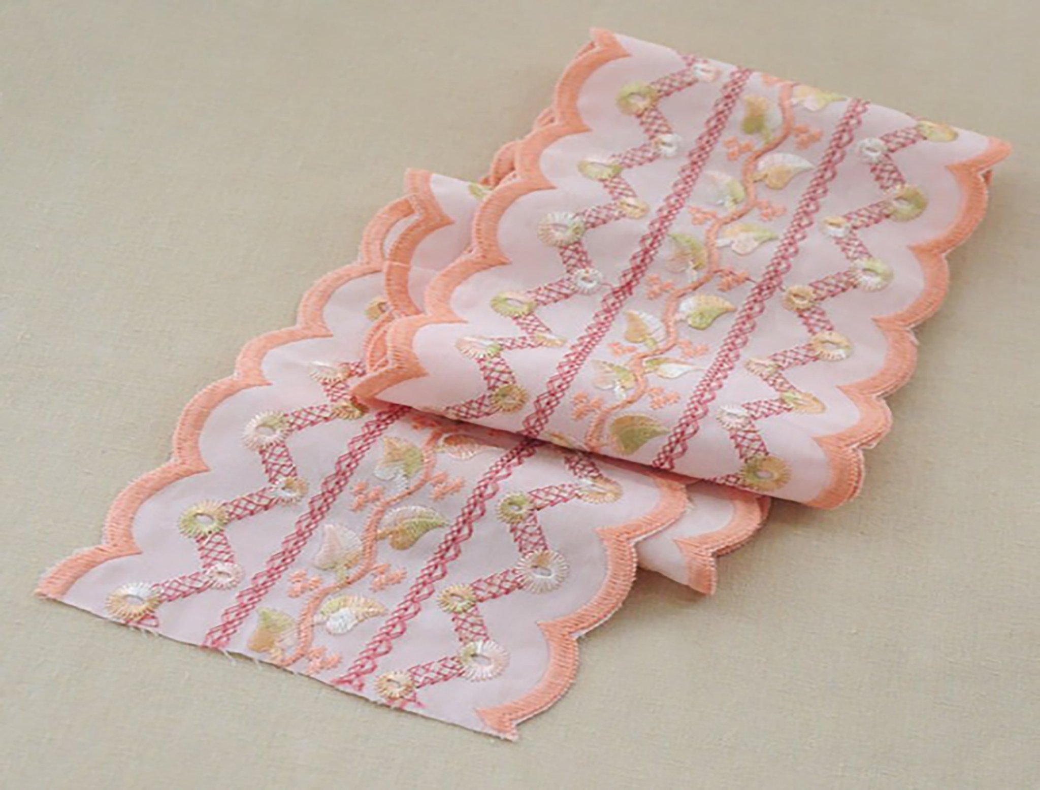 Shades of Hombre Peach/Green/Pink Shinny Embroidery on Pink Background- Double Border - Cotton  Lace- 11.5 cm Wide.