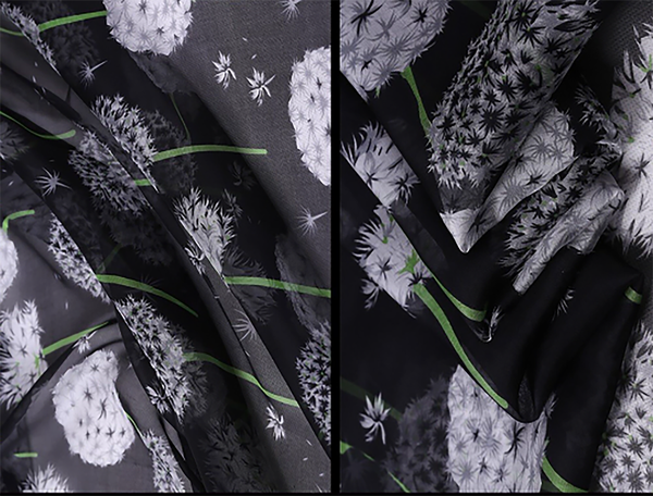 White/Grey Floral Print on Black Silk Organza -  100%  Mulberry Silk - 12 MM - 132 cm Wide.