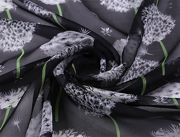 White/Grey Floral Print on Black Silk Organza -  100%  Mulberry Silk - 12 MM - 132 cm Wide.