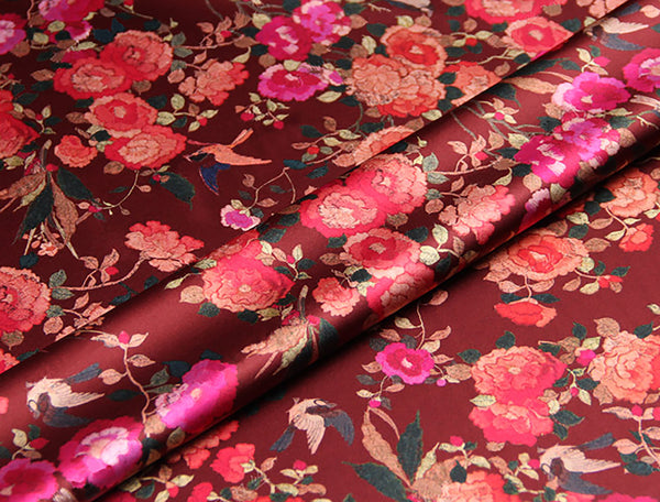 Multi Color Floral Print on Marron Background - Stretch Silk Satin - 120 cm Wide.