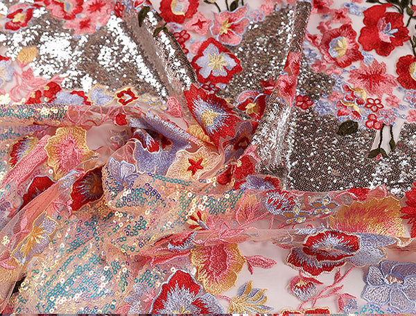 Multi Color Sequined Embroidery on Fine Coral Powder Tulle -  Italian Lace - 150 cm Wide - WIKILACES