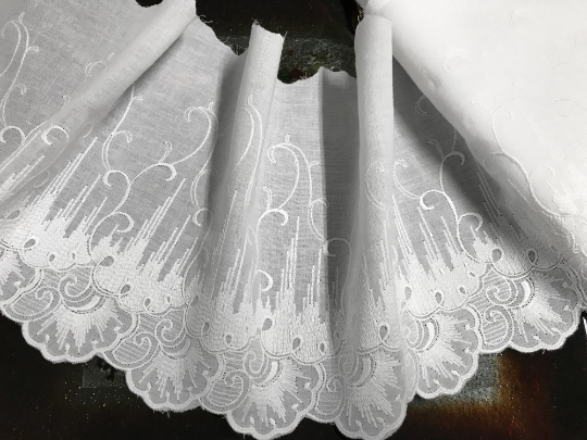 White on White  Broiderie Anglaise Lace -  Swiss Cotton Voile - 19 cm Wide.