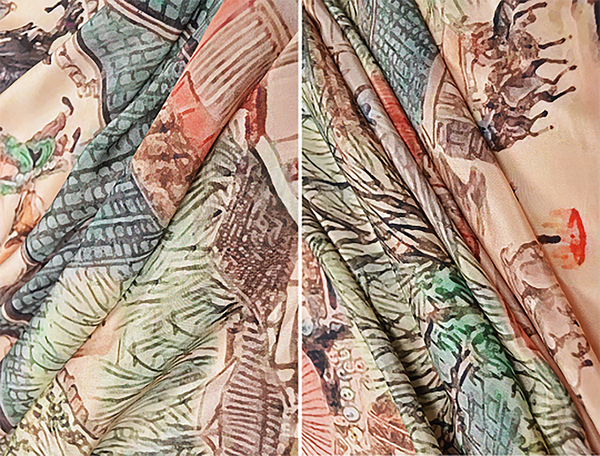Multi Color Floral Print on Beige Crepe de Chine,  100%  Mulberry Silk - 16MM - 150 cm Wide.
