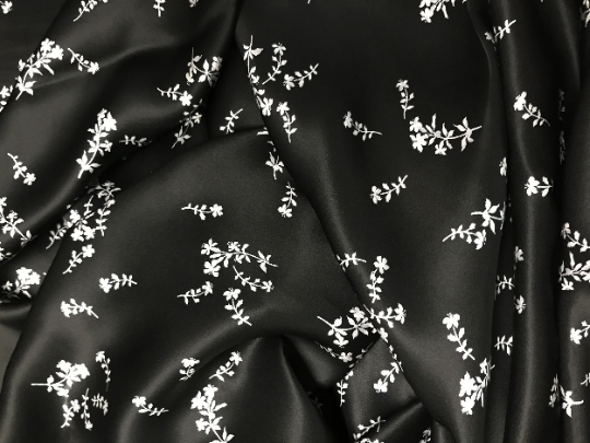 White Small Flowers on Black  Background - Stretch Mulberry Silk Satin - 19 MM - 140 cm Wide.