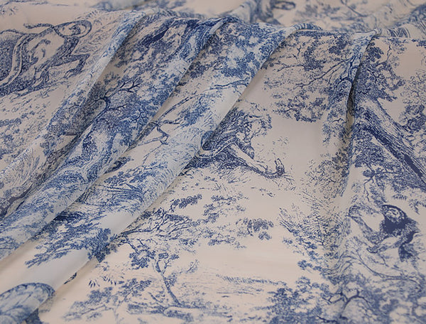 Blue French Toile Print on Off White Background - Chiffon -148 cm Wide.