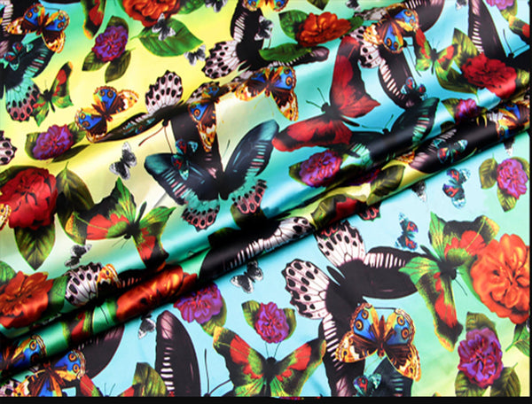 Multi Color Butterflies Print - Stretch Silk Satin - 108 cm Wide - WIKILACES