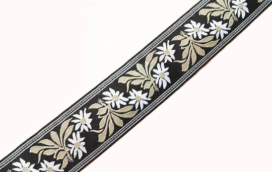 White and Tan Flowers on Black Background - Embroidered Jacquard Ribbon - 3.9 cm Wide.