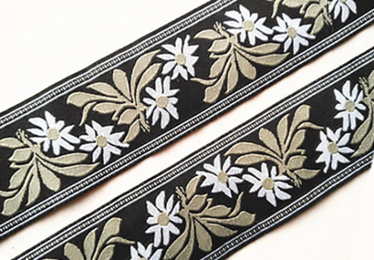 White and Tan Flowers on Black Background - Embroidered Jacquard Ribbon - 3.9 cm Wide.
