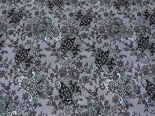 Black with Shades of Green Print on Natural White - Stretch Silk Satin - 140 cm Wide
