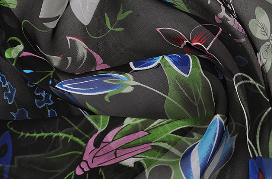 Multi Color Morning Glory Print on Black Background - Italian Mulberry Silk Chiffon - 130 cm Wide. - WIKILACES