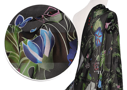 Multi Color Morning Glory Print on Black Background - Italian Mulberry Silk Chiffon - 130 cm Wide. - WIKILACES