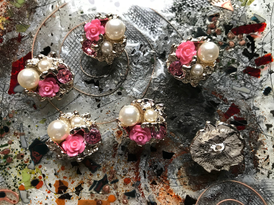 Rose, Crystal and Pearls - Handmade Buttons -  26 mm across.