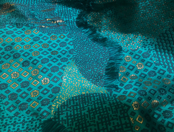 Shades of Turquoise/Blue/Gold with Fringe - Italian Jacquard Fabric - 145 cm Wide