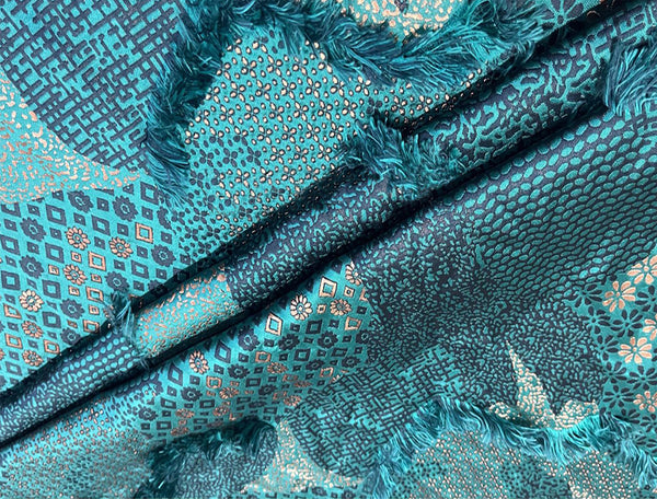 Shades of Turquoise/Blue/Gold with Fringe - Italian Jacquard Fabric - 145 cm Wide
