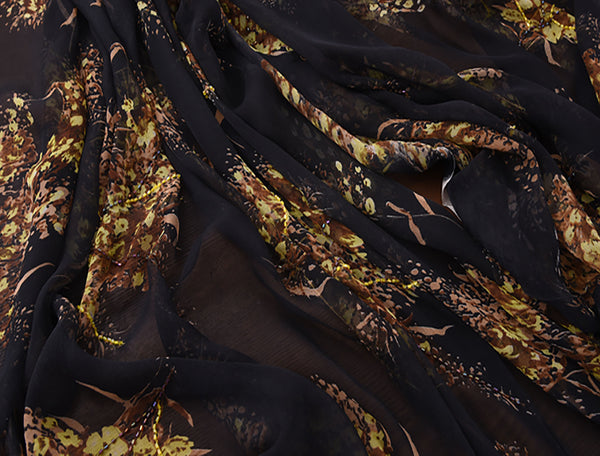 Multi Color Floral Embroidered w/Glass Beads on Black Background  - Italian 100%  Mulberry Silk Chiffon - 9 MM.