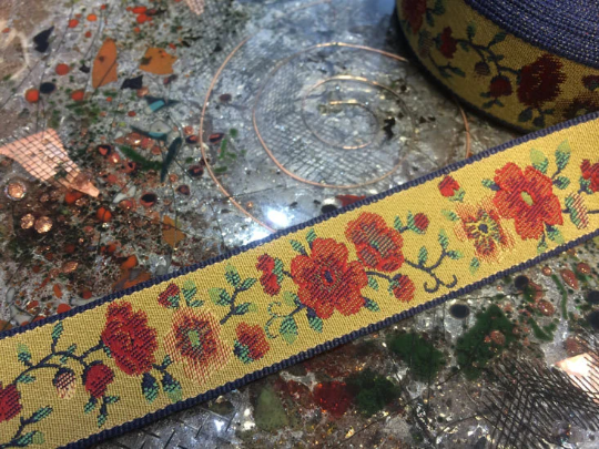Yellow & Red Floral - Tight Weaved - Embroidered Jacquard Ribbon - 1.1" Wide