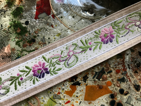 Multi Color Floral Print on White Background - Embroidered Jacquard Ribbon - 1.1" Wide.