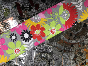 Multi Color Floral on Grey Background - Embroidered Jacquard Ribbon - 1.5" Wide.