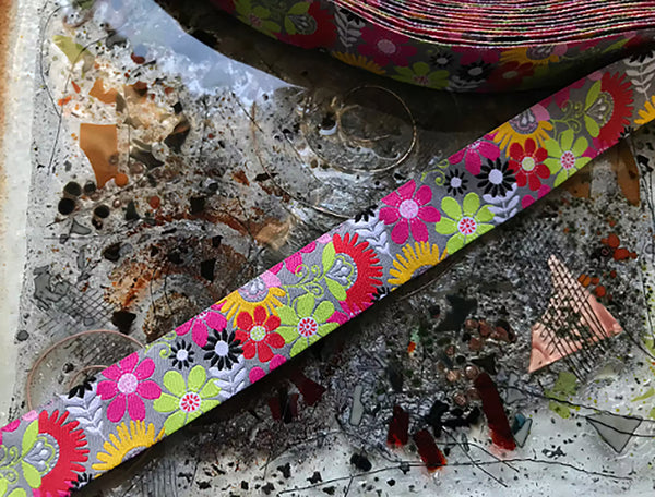 Multi Color Floral on Grey Background - Embroidered Jacquard Ribbon - 1.5" Wide.