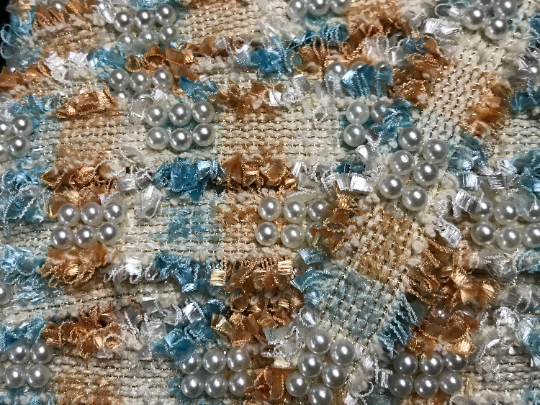 Shades of Gold/Blue/Off White  Gold Stitching and Pearls Studs and Pearls -  French Trim - 3 cm Wide.