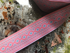 Pink Turquoise  and White - Embroidered Jacquard Ribbon - 1.5"  Wide.