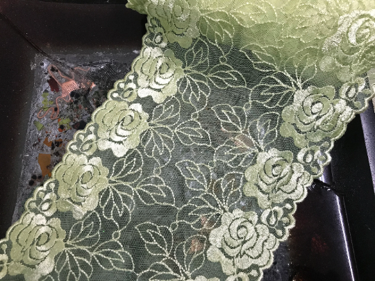 Double Edge Silky and Shiny - Light Green Soft Tulle Embroidered Lace - 18 cm Wide.