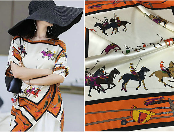 Equestrian Print on Off White Background, French Stretch Silk Satin - 19 mm - Panels of: 68 cm length x 140 cm Width.