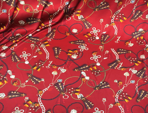Multi Color Print on Red Background - Italian Stretch Silk Satin - 136 cm Wide.