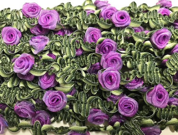 Purple  Roses on Green - French Trim - 10 mm Wide.