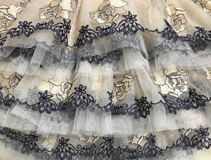 Two Layers Pleated w/Navy and Beige Embroidery on Beige Soft Tulle - Italian Lace 14 cm Wide.