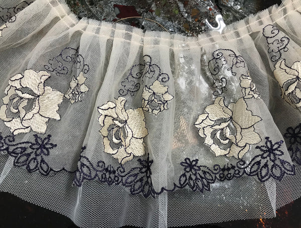 Two Layers Pleated w/Navy and Beige Embroidery on Beige Soft Tulle - Italian Lace 14 cm Wide.