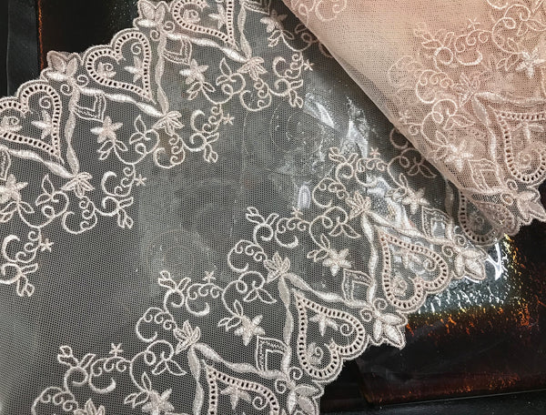 Double Edge Silky and Shiny Blush Pink Color on Pink Soft Tulle  Embroidered Lace - 25 cm  Wide, Imported.