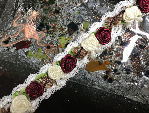 Burgundy and Ivory Roses w/Pearls Accent over White Lace - Hand Made Trim - 1" Wide Wide In Pink   Color,  Imported.