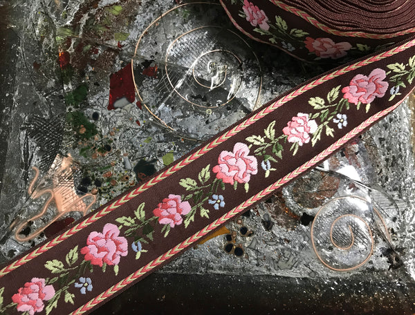 Multi Color Floral on  Brown Background - Embroidered Jacquard Ribbon - 1.5" Wide.