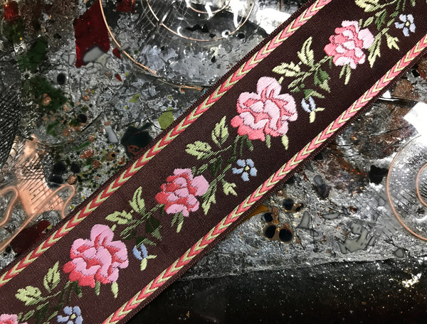 Multi Color Floral on  Brown Background - Embroidered Jacquard Ribbon - 1.5" Wide.