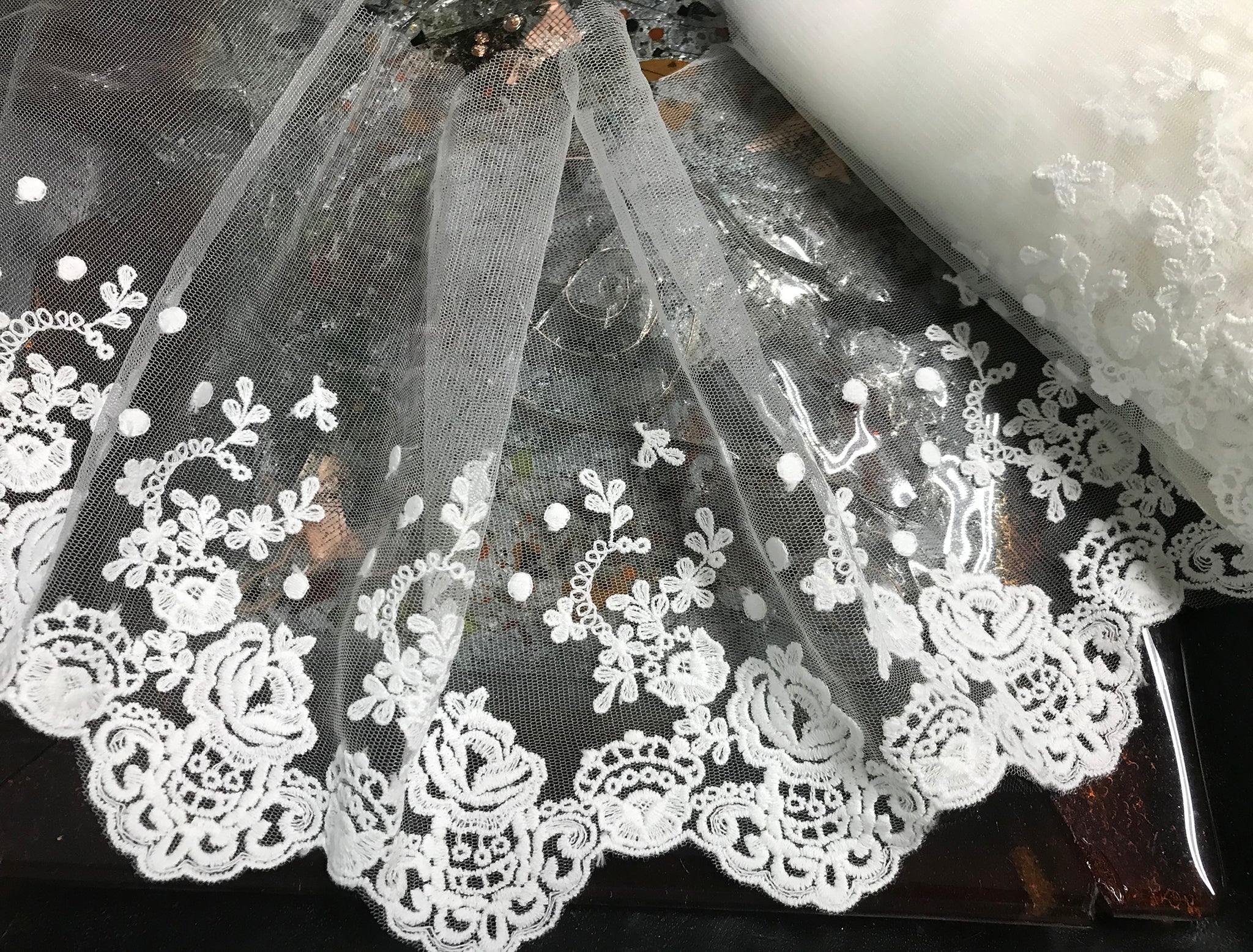 Natural White Cotton Embroidery on Natural  White Tulle Background - Italian Lace - 20 cm Wide.
