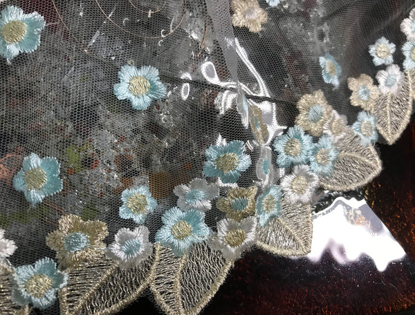 Blue/Beige/White and Gold Stitching Embroidery - Italian Lace - 24 cm Wide.