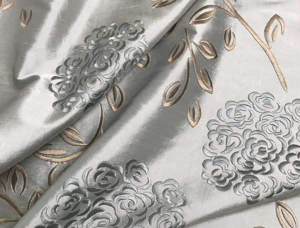 Grey/Beige All Over Embroidered on a Silver Grey Background  -  Italian Silk Lace - 60 MM - 138 cm Wide.