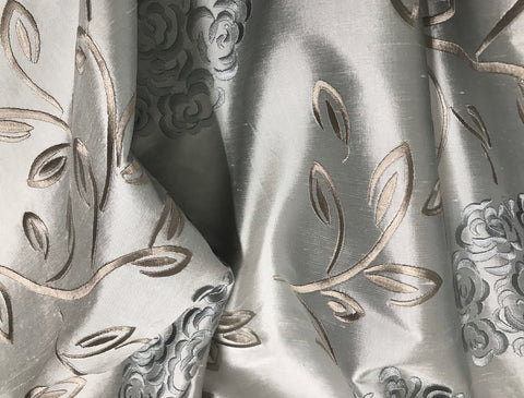 Grey/Beige All Over Embroidered on a Silver Grey Background  -  Italian Silk Lace - 60 MM - 138 cm Wide.