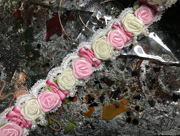 Pink and Ivory Roses w/Pearls Accent over White Lace - Hand Made Trim - 1" Wide Wide In Pink   Color,  Imported.