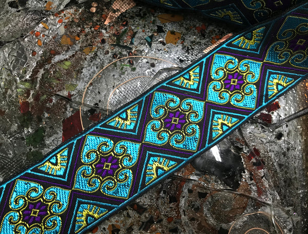 Turquoise w/Purple or Rose on Brown Background Geometric Pattern - Jacquard Ribbon- 5 cm Wide.