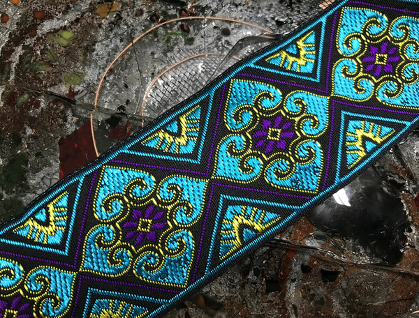 Turquoise w/Purple or Rose on Brown Background Geometric Pattern - Jacquard Ribbon- 5 cm Wide.